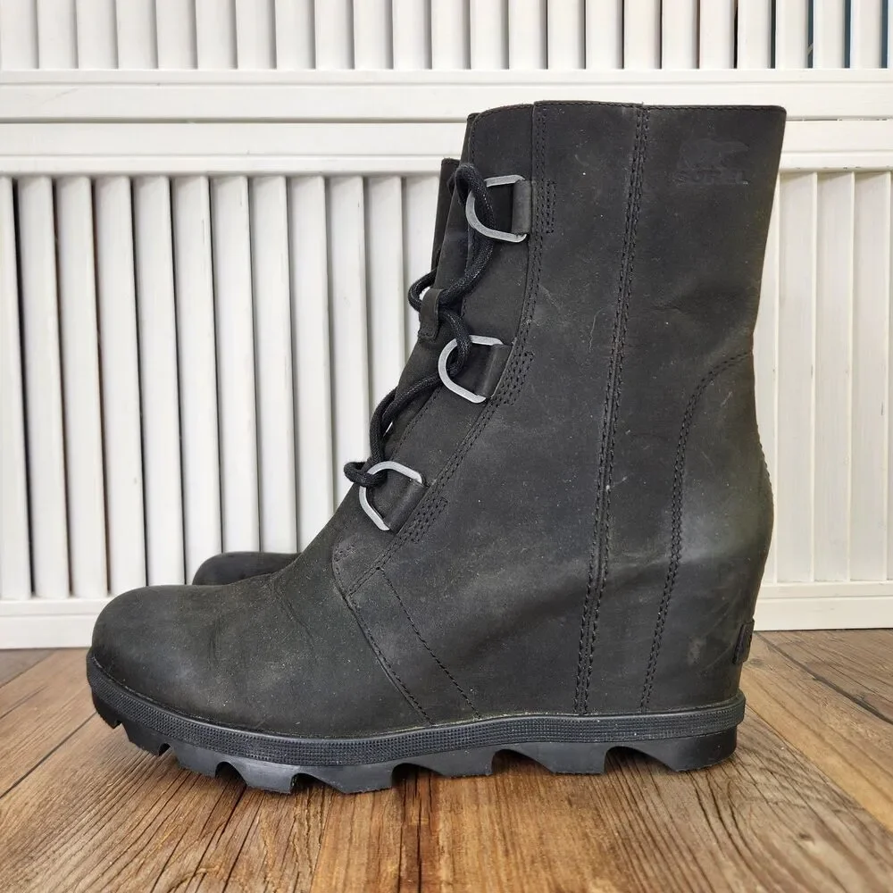 Sorel Joan of Artic Wedge II Womens Sz 10.5 Black Leather Waterproof Ankle Boots